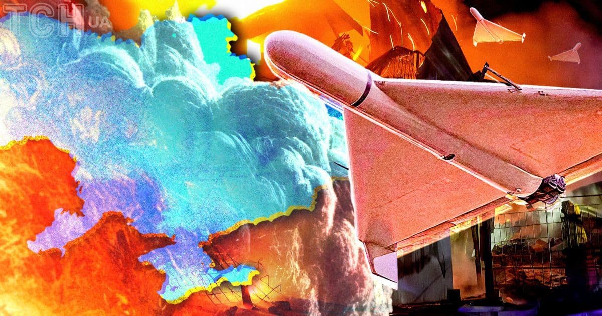 Un drone d'attaque survolant des explosions et des flammes à Chernomorsk, symbolisant les assauts nocturnes.