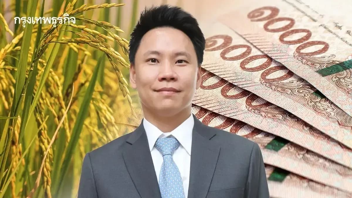 Un fonctionnaire thaïlandais devant des épis de riz et des billets de baht, symbolisant les détails et les montants des aides financières pour les riziculteurs.