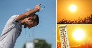 Un homme se rafraîchissant avec de l'eau, un soleil ardent et un thermomètre, illustrant la chaleur ressentie et ses effets.