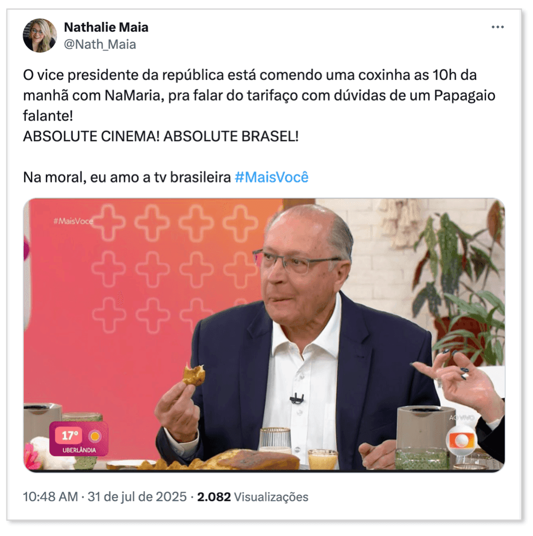 Un mème viral montrant le Vice-Président Alckmin mangeant une coxinha lors de son passage à Mais Você.