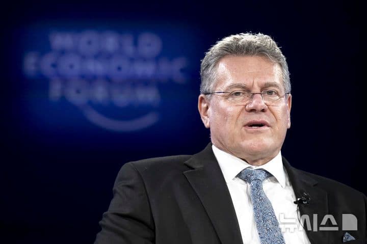 Un orateur s'adressant à un public lors du Forum Économique Mondial, illustrant le rôle géopolitique de KINTEX sur la scène internationale.