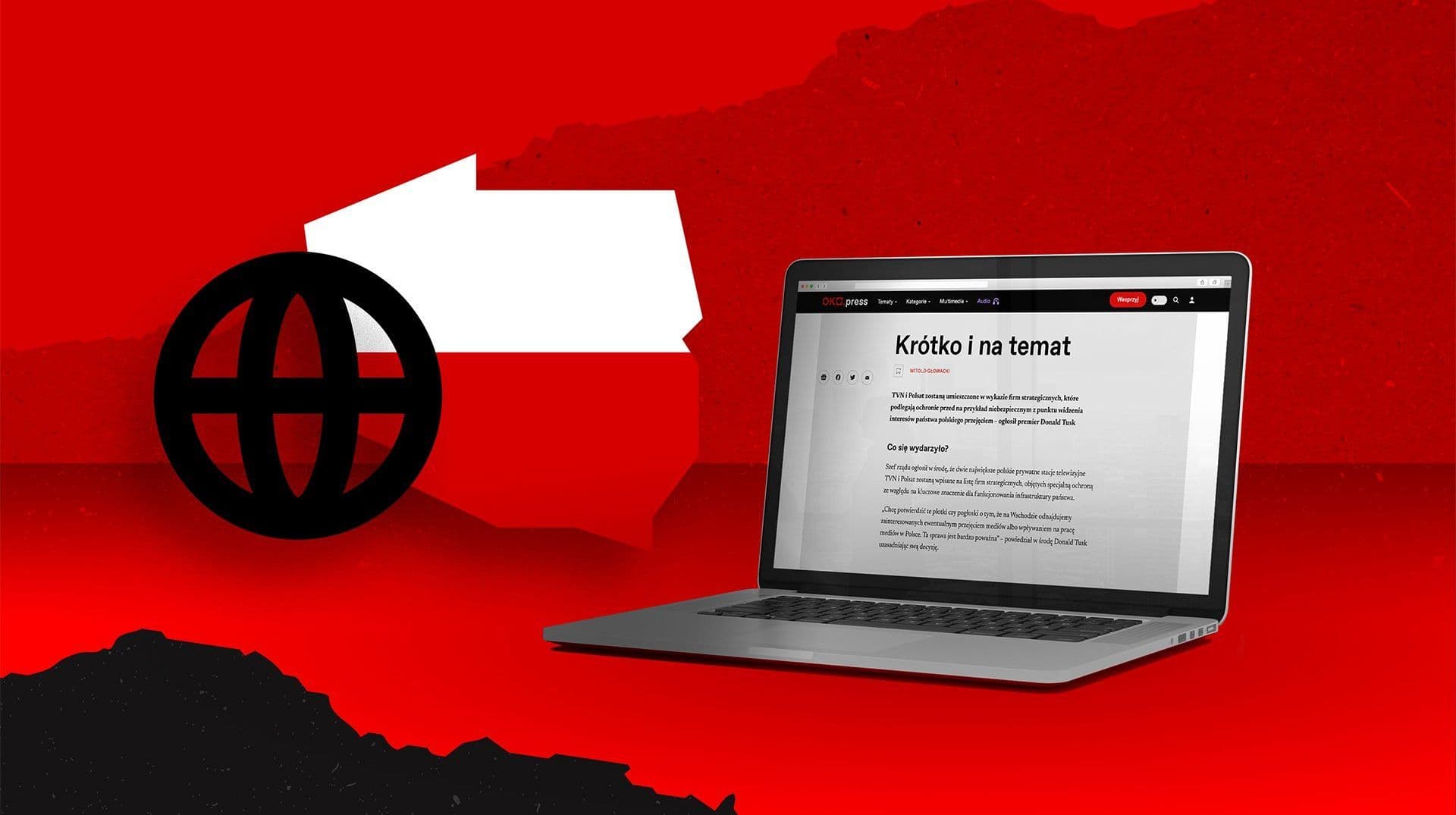 Un ordinateur portable affichant un site d'actualités avec un symbole de réseau mondial sur un fond rouge, illustrant l'IA dans le journalisme.