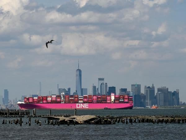 Un porte-conteneurs rose naviguant devant une ville, symbolisant le commerce international et les coûts des importations