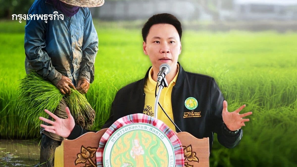 Un responsable gouvernemental thaïlandais s'exprimant sur l'aide aux riziculteurs, avec un agriculteur en arrière-plan dans un champ de riz.