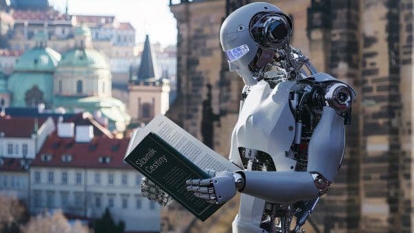 Un robot tenant un dictionnaire, symbolisant l'interprétation juridique et la loi dans le contexte des décisions des tribunaux.