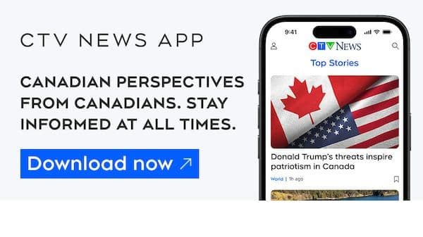 Une application de nouvelles affichant les drapeaux du Canada et des États-Unis avec le titre 'Les menaces de Donald Trump inspirent le patriotisme au Canada', illustrant l'impact des tarifs.