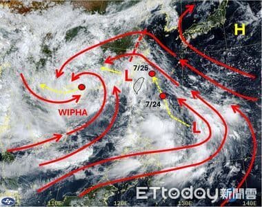Une image satellite montrant les systèmes météorologiques, incluant un typhon et des flux de mousson, expliquant les pluies extrêmes à Taïwan.