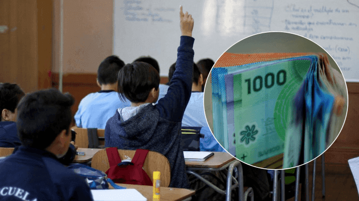 Une salle de classe avec des élèves et un cercle superposé de billets de banque chiliens, représentant le Subside Emploi Jeune.