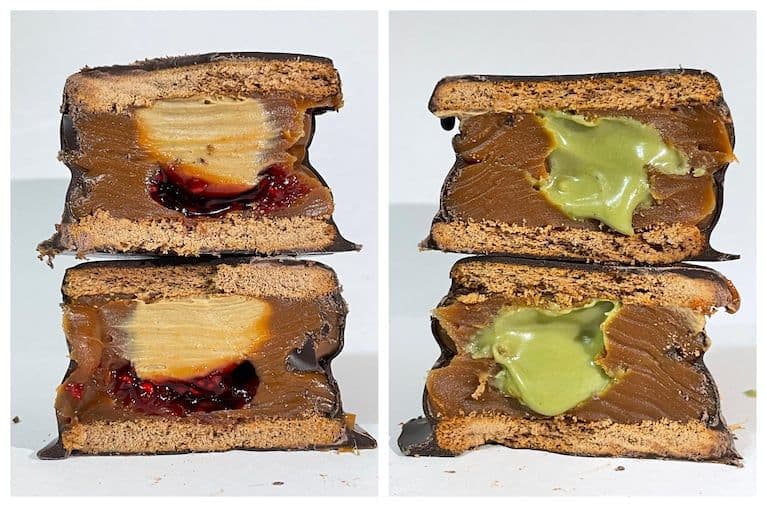 Various alfajores, including pistachio-filled versions, from an Argentine brand, illustrating the local market's adaptation to the surge in pistachio demand.