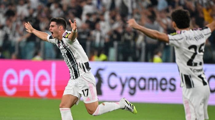 Vasilije Adžić celebrating his dramatic, thunderous debut goal for Juventus against Inter Milan.