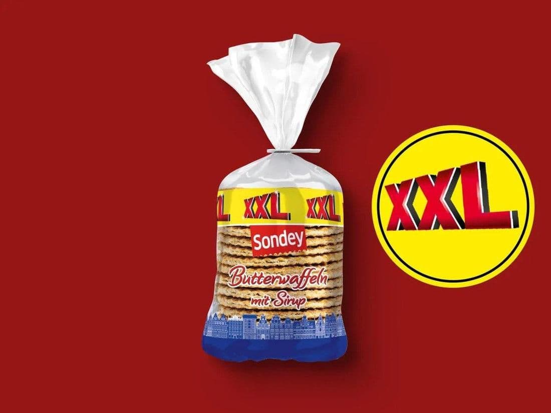 Verpackung der XXL Sondey Butterwaffeln mit Sirup, 560g, die von Lidl zurückgerufen wurden.