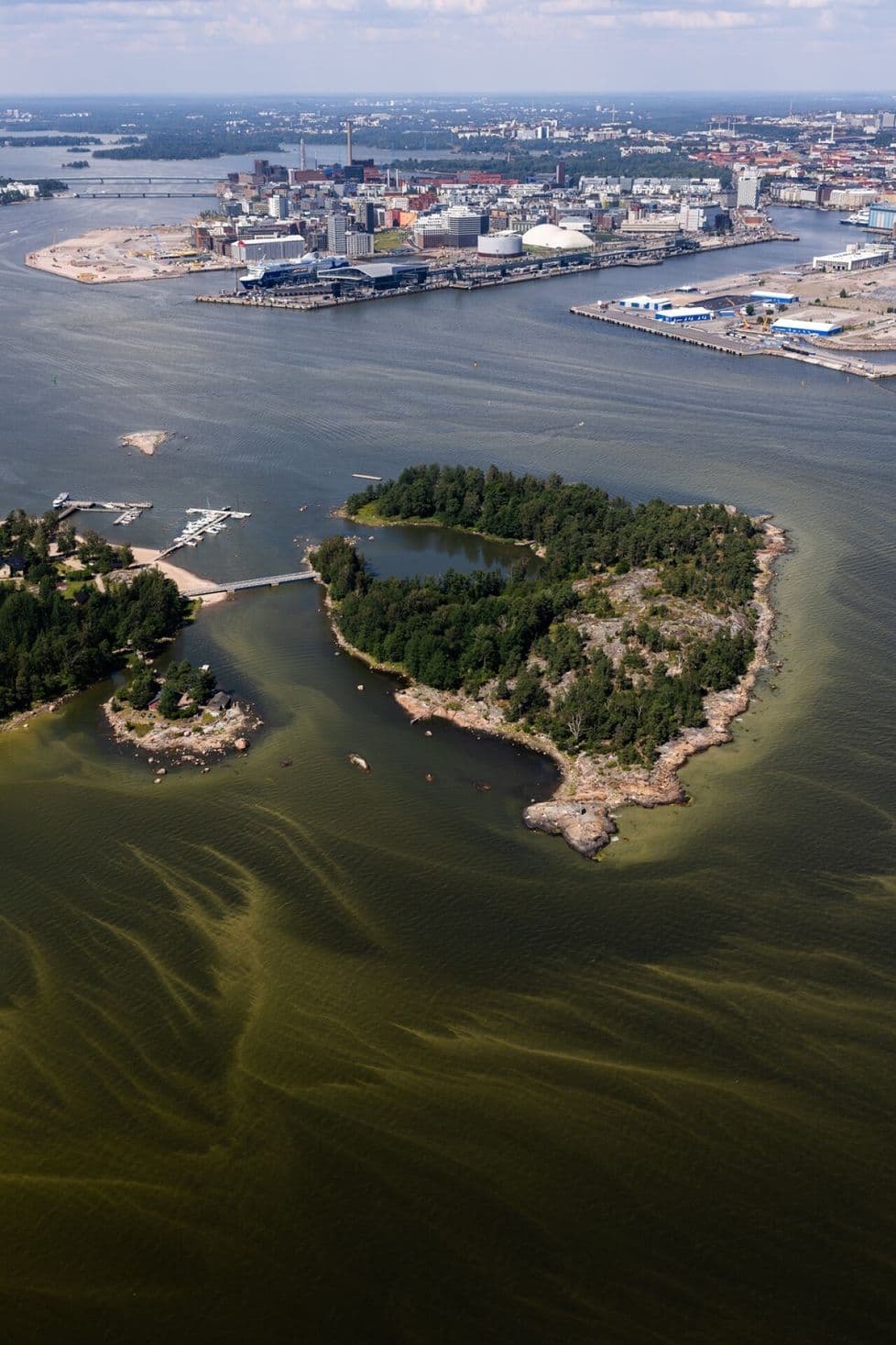 Vue aérienne de l'île de Pihlajasaari, au large d'Helsinki, entièrement encerclée par une floraison de cyanobactéries.