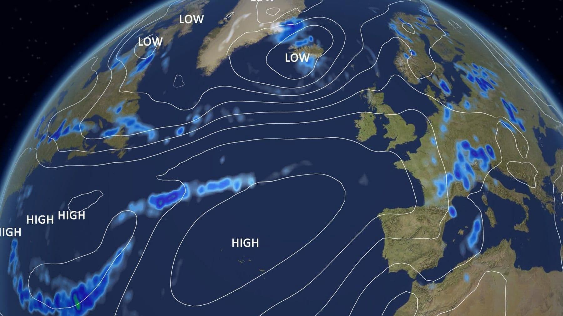 Weather chart showing high and low pressure systems over Western Europe, influencing early August UK weather.