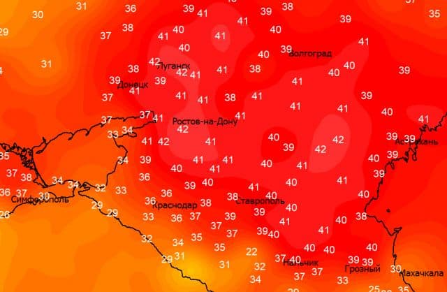 Weather map displaying extreme heatwave temperatures across southern Russia, including Rostov-on-Don, reaching 41-42 degrees Celsius.