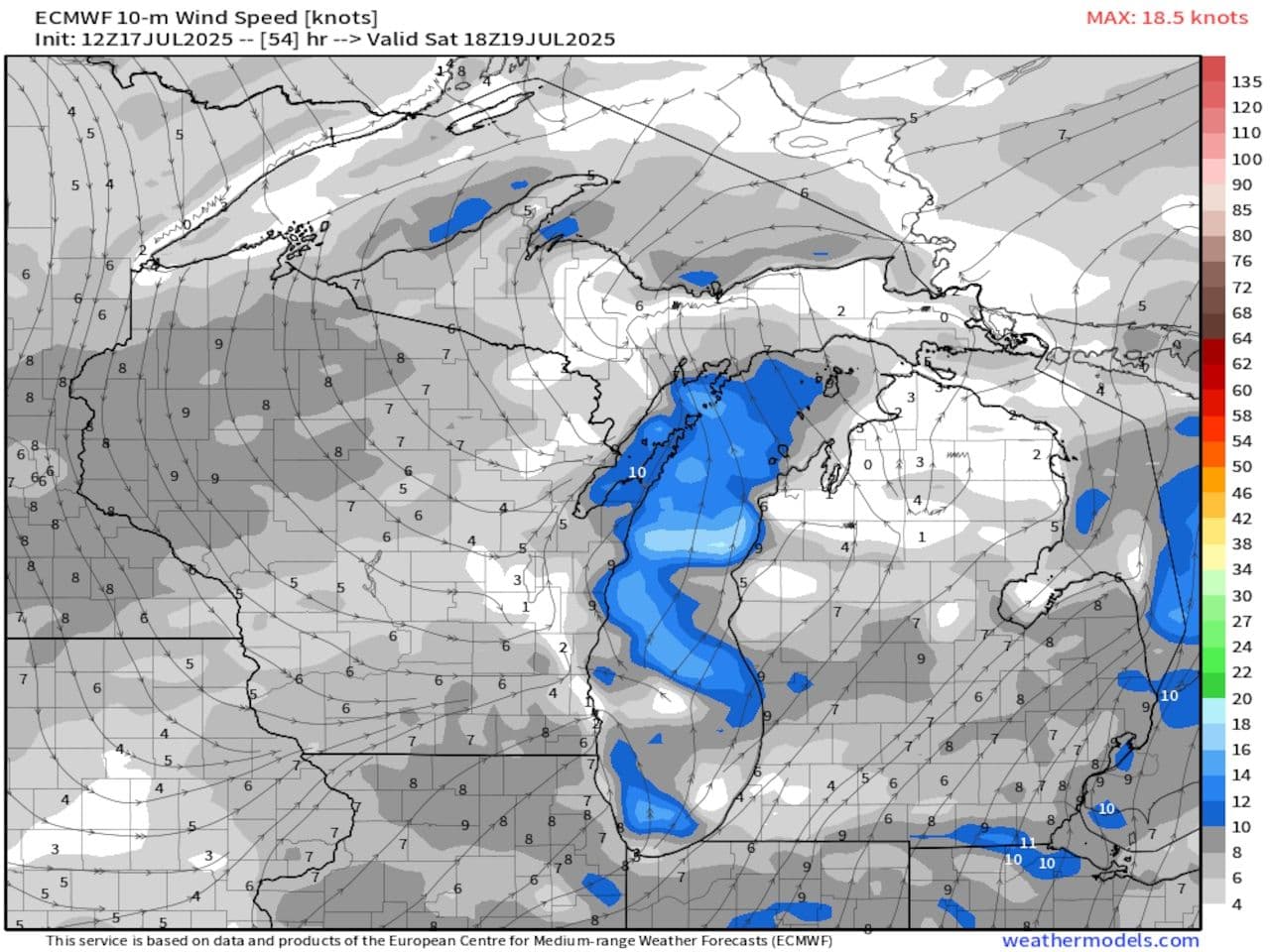 Weather map displaying wind speed and direction over a geographic region, illustrating atmospheric cues.