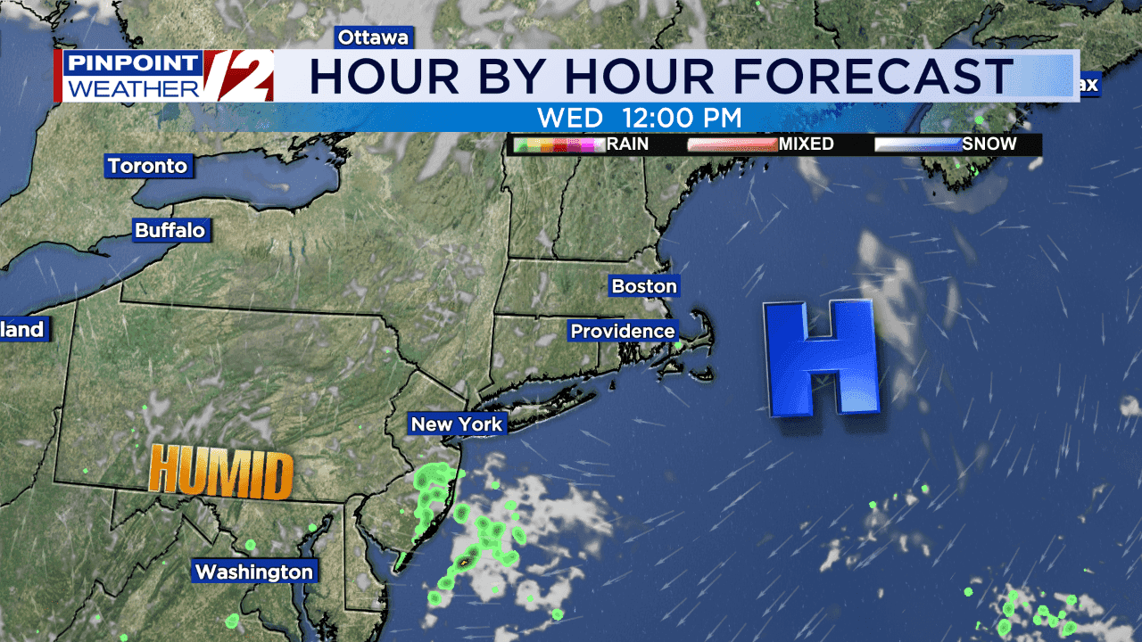 Weather map illustrating a high-pressure system shifting east and the return of humidity to New England.