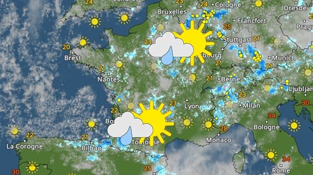 Weather map of France showing simultaneous sunny and rainy conditions across different regions, illustrating climate contrasts.