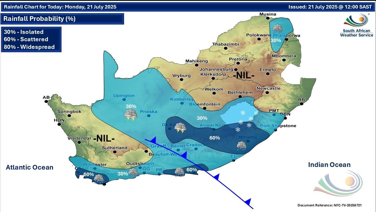 Weather map of South Africa for Monday, July 21, 2025, indicating rainfall probability and snow in the Western and Eastern Cape as a cold front descends.