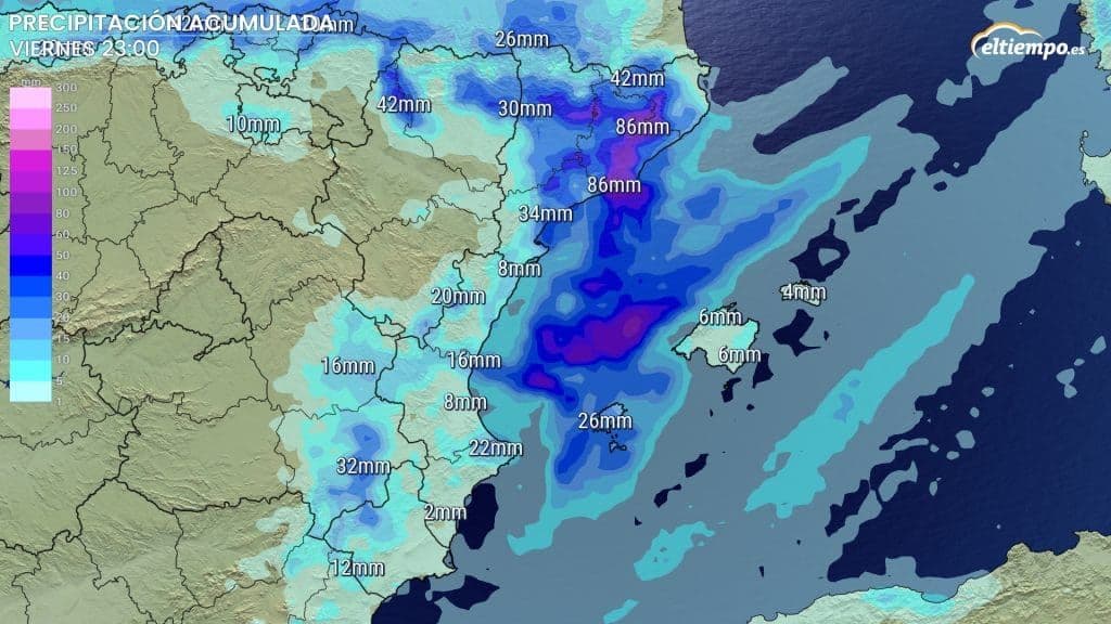 Weather map of Spain showing accumulated rainfall in millimeters, with high amounts over the Mediterranean coast and Balearic Islands.