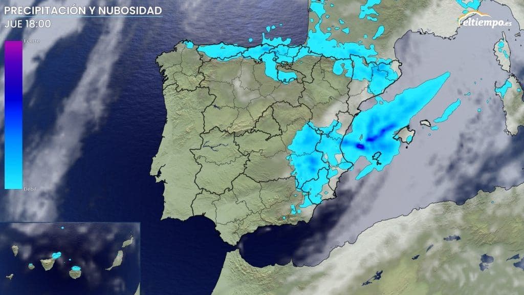 Weather map of Spain showing areas of precipitation and cloudiness, indicating active rain over the Mediterranean coast and Balearic Islands.
