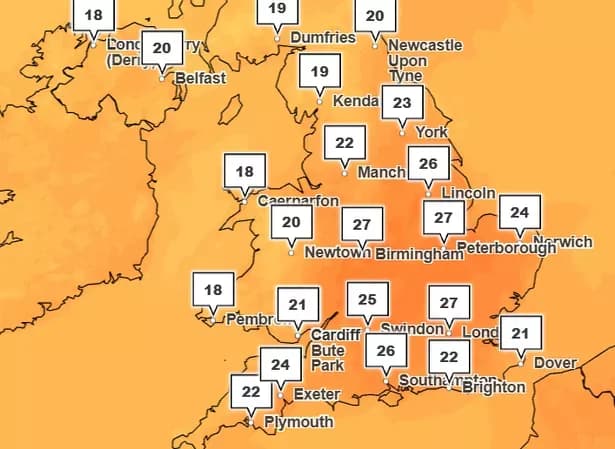 Weather map showing higher temperatures in the UK's south due to the Azores High influence.