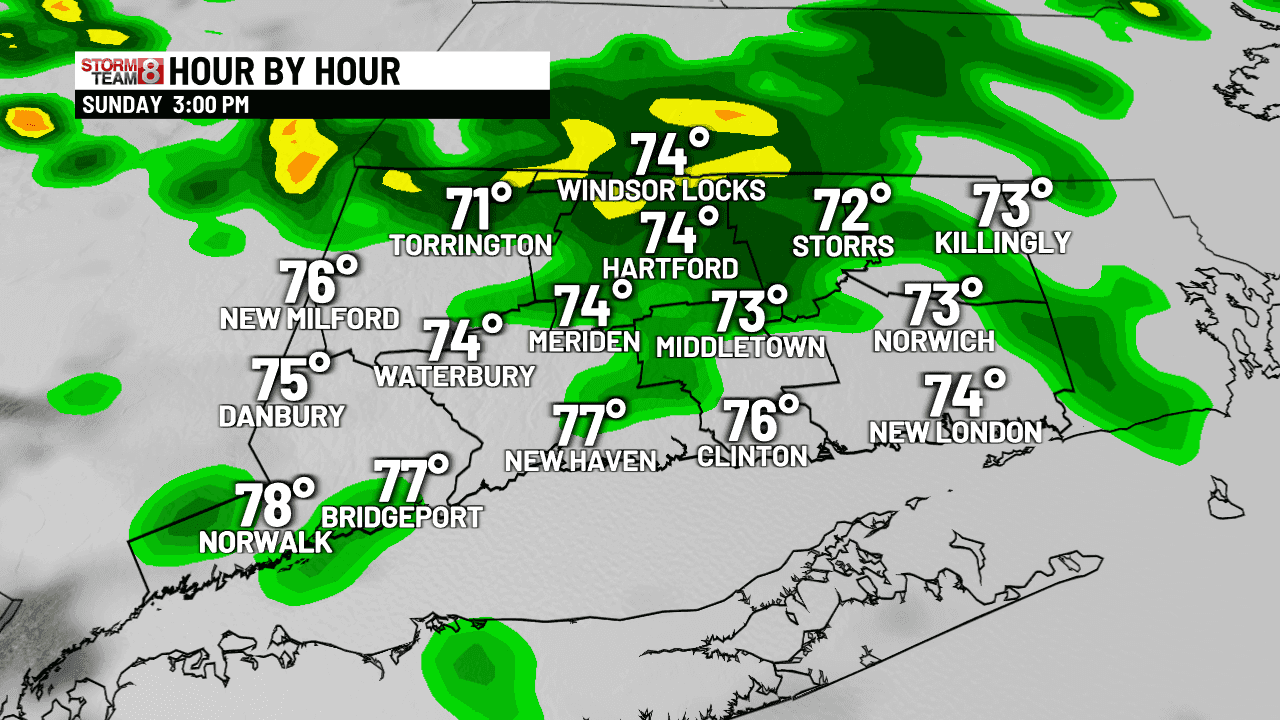 Weather map showing temperatures and green areas indicating pop-up showers for Sunday afternoon across a region.