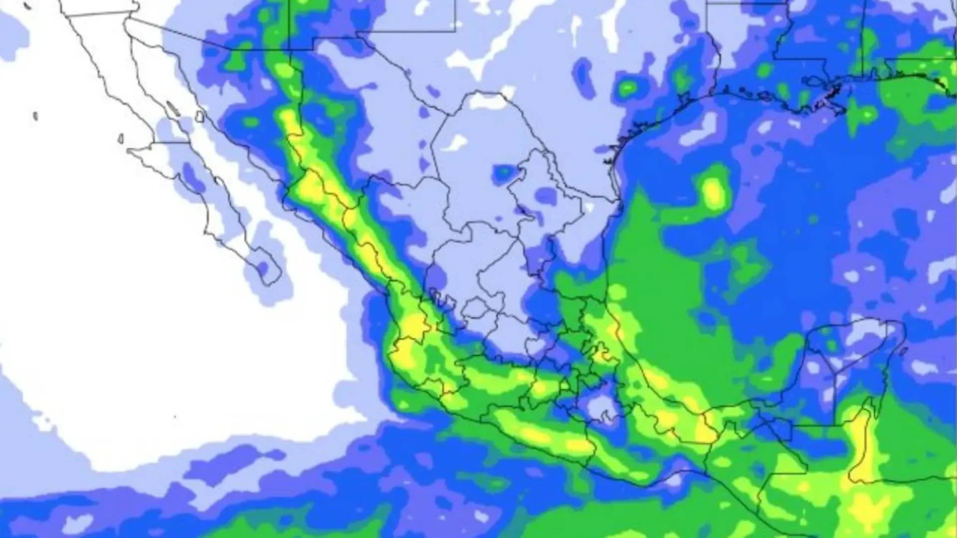 Weather map showing widespread heavy rain and storms across the state of Veracruz, Mexico.
