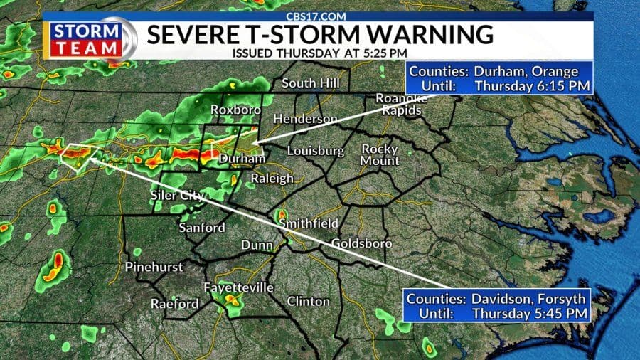 Weather radar map showing a severe thunderstorm warning over Central North Carolina counties like Durham and Orange.