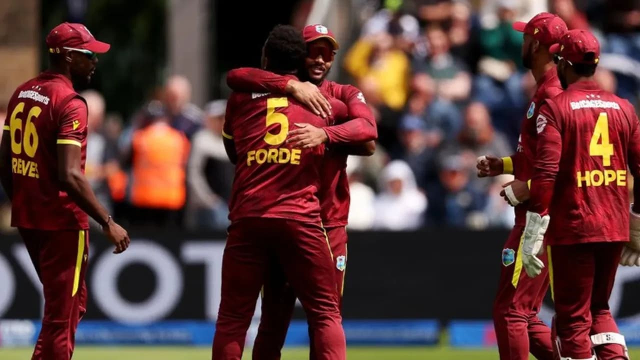 West Indies cricket team players celebrating, representing Mitchell Owen's international T20 appearances