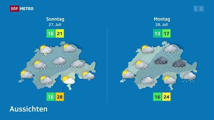 Wetterübersicht für die Schweiz, die anhaltende Bewölkung und Regen über dem Land anzeigt, passend zu den ungewöhnlichen Sommerbedingungen.