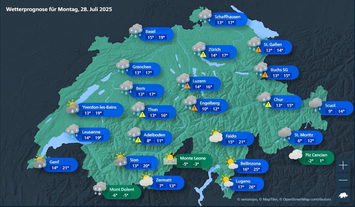 Wetterkarte der Schweiz mit Prognose für Montag, 28. Juli 2025, die Regen, kühle Temperaturen und Neuschnee in den Alpen zeigt.