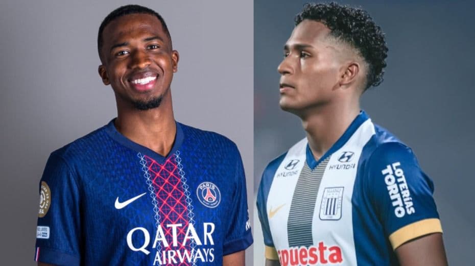 Willian Pacho in a PSG jersey smiling, alongside young defender Jhoao Velásquez in an Alianza Lima jersey, representing a champion's blueprint.
