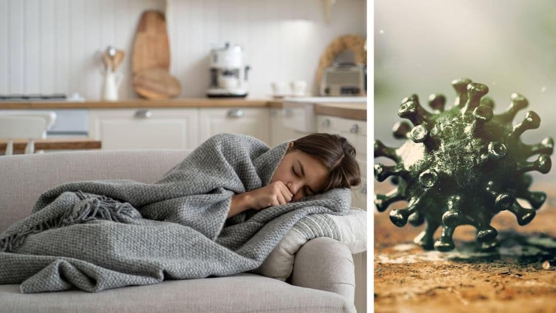 Woman wrapped in a blanket coughing on a couch, next to a 3D rendering of a COVID-19 virus particle, symbolizing the 'Frankenstein' variant symptoms.